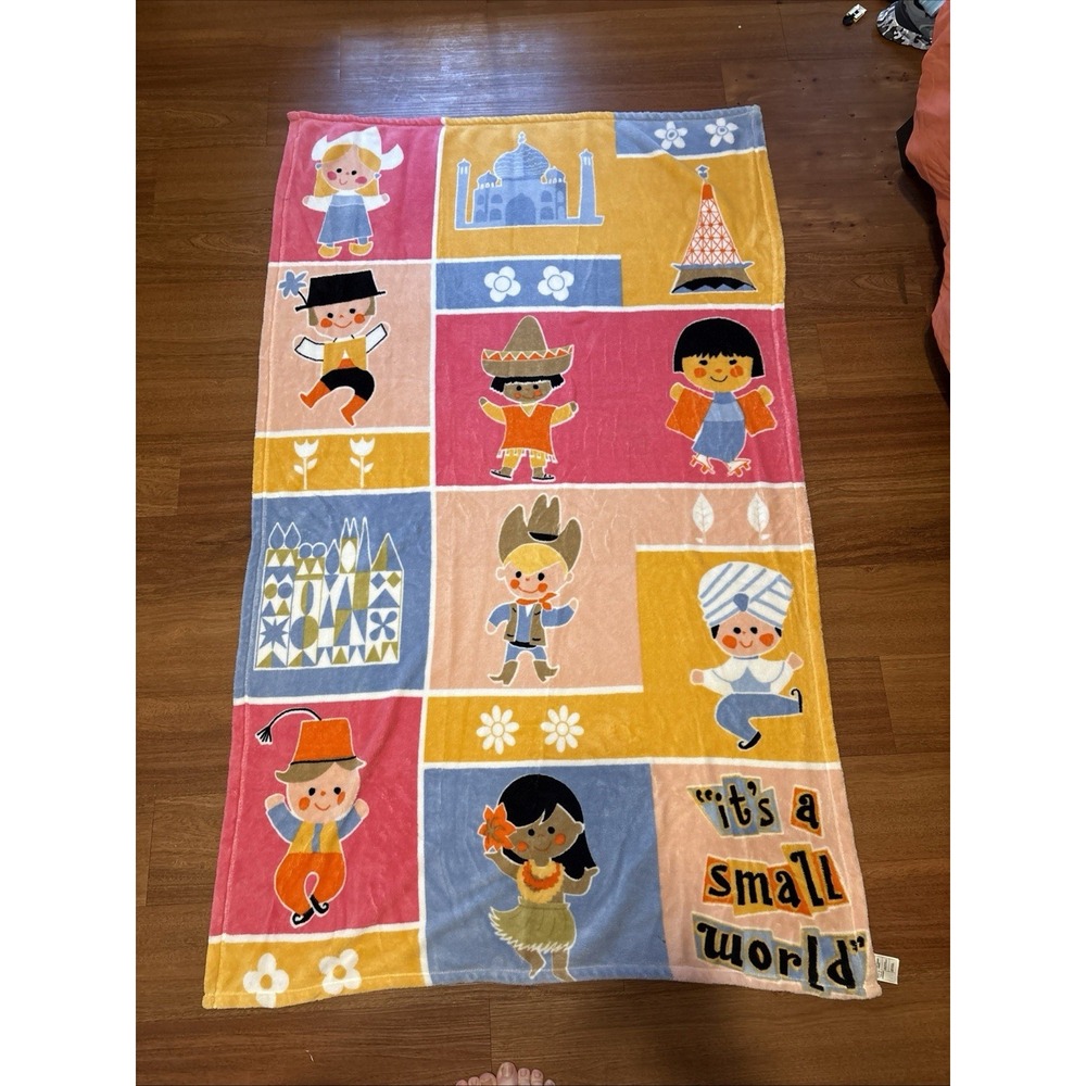 Disney Parks Colorful It's A Small World Rectangular Plush Throw Blanket 39 x 62